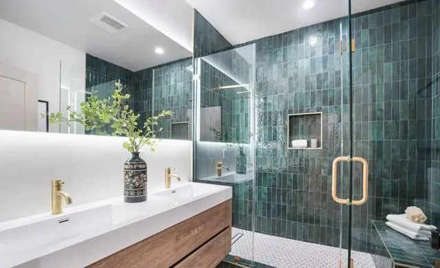 Primary bathroom, green zellige tile and oak vanity